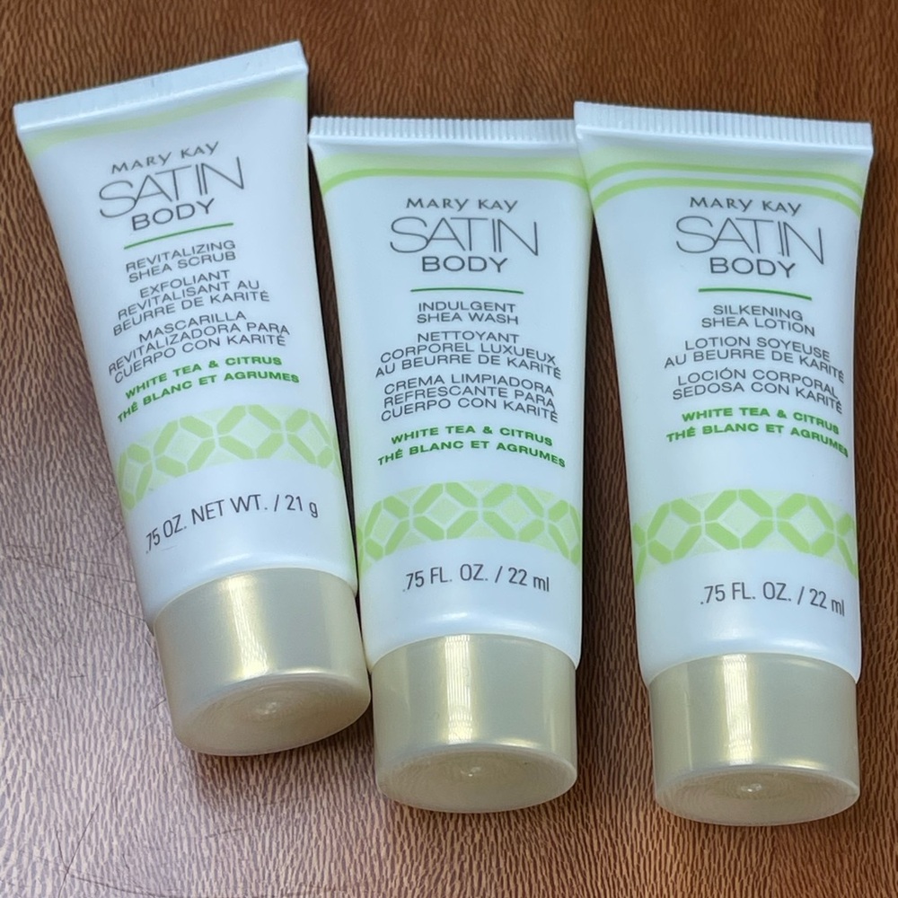 Mary Kay Satin Hands White Tea Citrus Travel Size Set Wash Scrub Lotion.75oz NEW - Picture 3 of 7